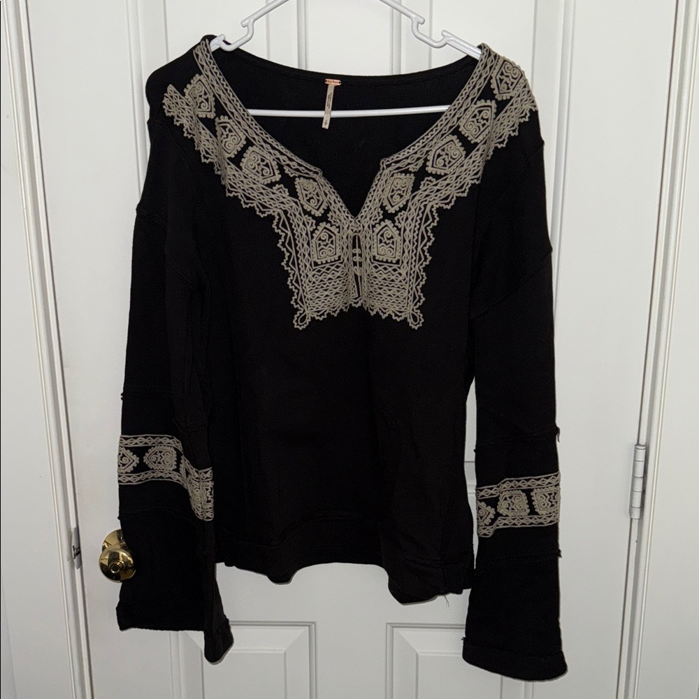 Free People Black and Cream Embroidered Women's Top
